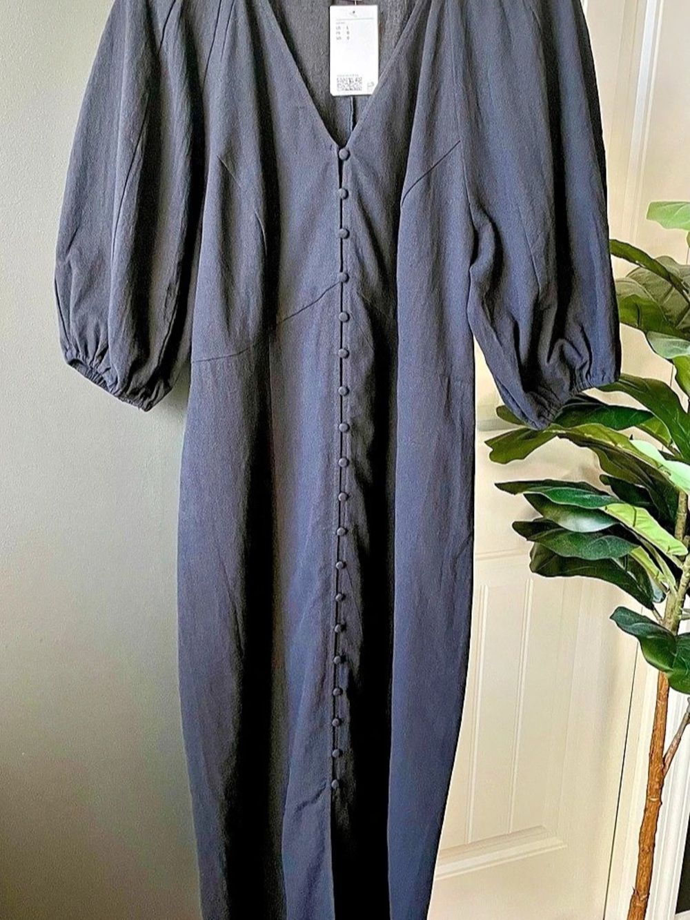 NWT H&M Black Button Front Puff Sleeve V-Neck Midi Dress Boho Prairie Size L
